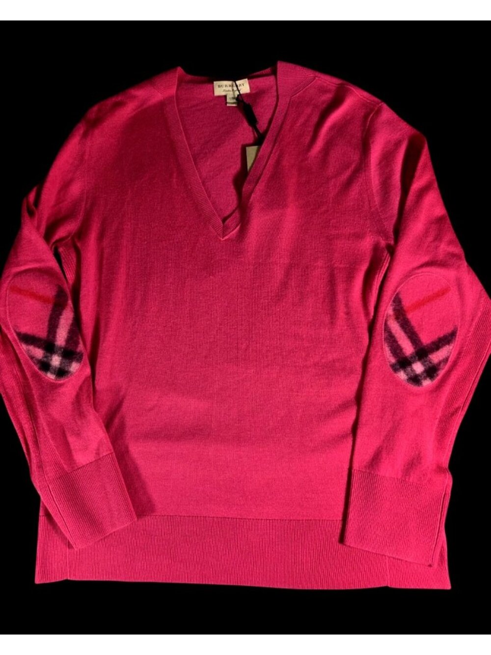 NWT Burberry Womens Bright Pink Cashmere Elbow Patch Check V Neck Sweater Sz M